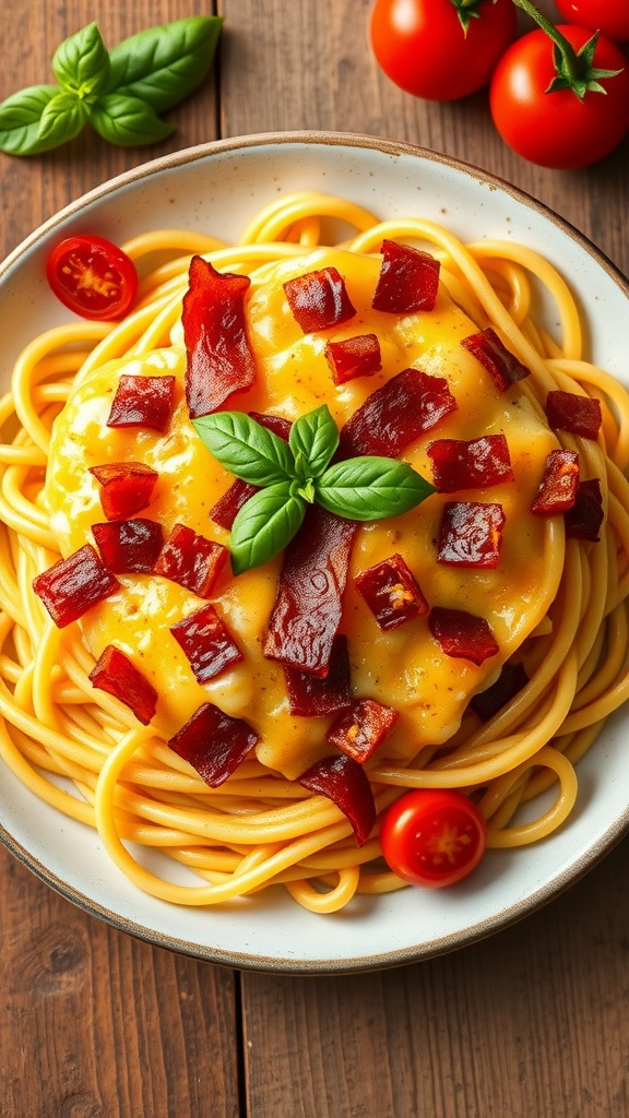 Creamy baked spaghetti with bacon and tomatoes, garnished with basil, on a wooden table.